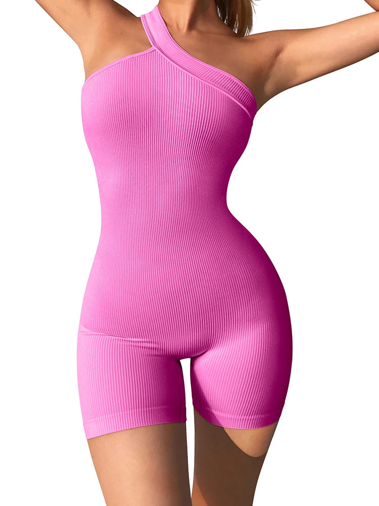 Damen-Yoga-Strampler, einteilig, Bauchkontrolle, nahtlos, gerippt, Overall, eine Schulter, einteilig, modisch, Fitness, Sportbekleidung