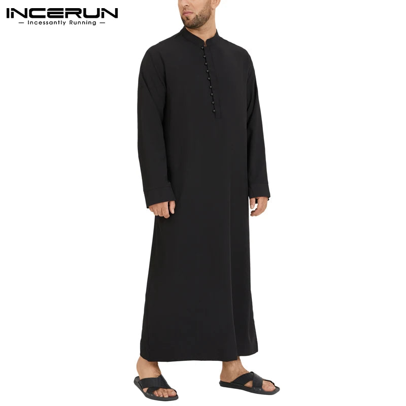 INCERUN Muslimische Männer Jubba Thobe Solide 2024 Langarm Dünne Roben Kaftan Stehkragen Islamische Arabische Mode Männer Kaftan S-5XL