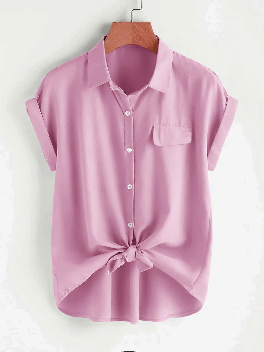 Solides Hemd für Damen, Sommer, kurzärmelig, mit Knöpfen, Umlegekragen, Bluse, lässig, Büro, Arbeitskleidung, lockere Oberteile, solide Basic-Kleidung