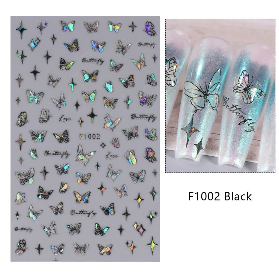 1PCS Schwarz Weiß Schmetterling Laser Nagel Aufkleber Y2K Nail art Dekoration Abstrakte Linien Bronzing Blumen Aufkleber Für Nägel