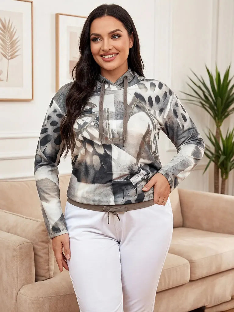 Damen-Hoodie mit 3D-Abstraktem Druck, langen Ärmeln, Kordelzug an der Taille, Sweatshirt mit Reißverschlusstasche, lässiger, lockerer Pullover