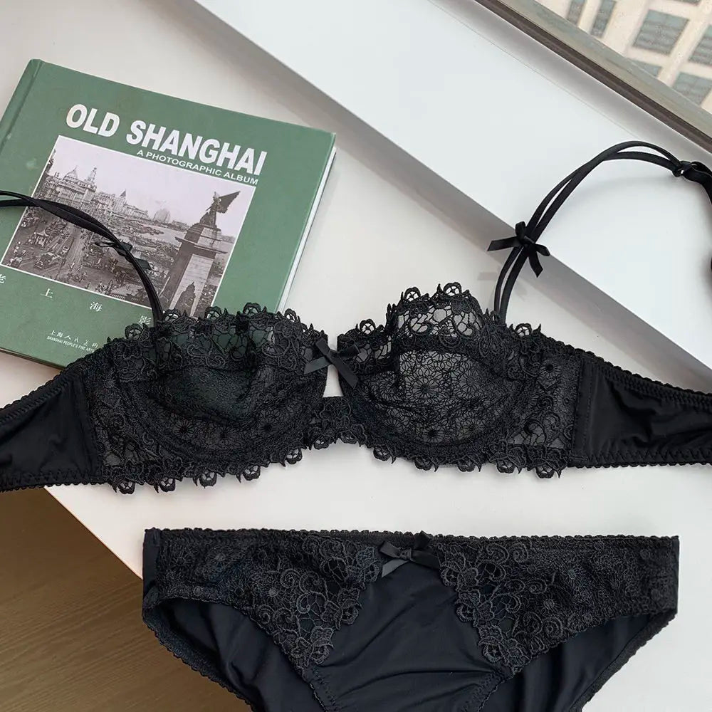 Sexy Spitzen-BH-Set für Damen in Übergröße, halbtransparent, ultradünn, mit Nippelabdeckung, erotische Dessous, Push-up-Komfort-Unterwäsche-Set