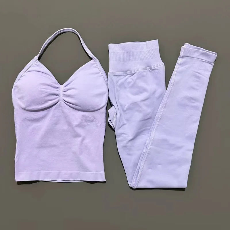 HISTELLO Gym-Leggings-Set, 2-teilig, für Damen, Yoga, lang, mit Trägern, nahtlos, Fitness-Kleidung, Laufen, Workout, Sport-Tops, Outfit