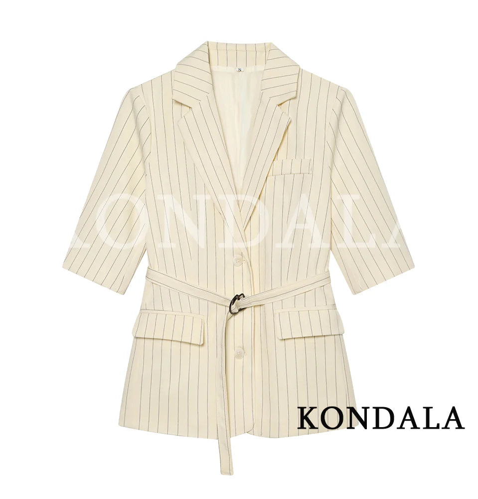 KONDALA Damen Büro-Outfit Gestreiftes Blazer-Set mit Gürtel Blazer mit Taschen Shorts Neue Mode 2026 Frühling Sommer Urlaub Lässiges Shorts-Set