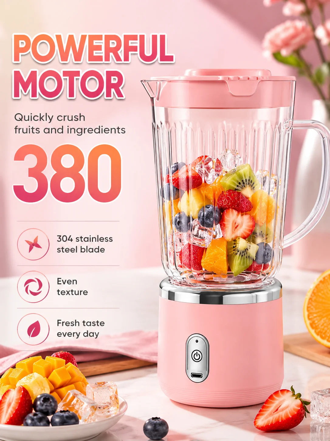 Kompakter 20cm Mini-Standmixer, 800ml großes Fassungsvermögen, USB-Ladefunktion, 304 Edelstahlklinge, Smoothie-Entsafter-Becher, leicht zu reinigen