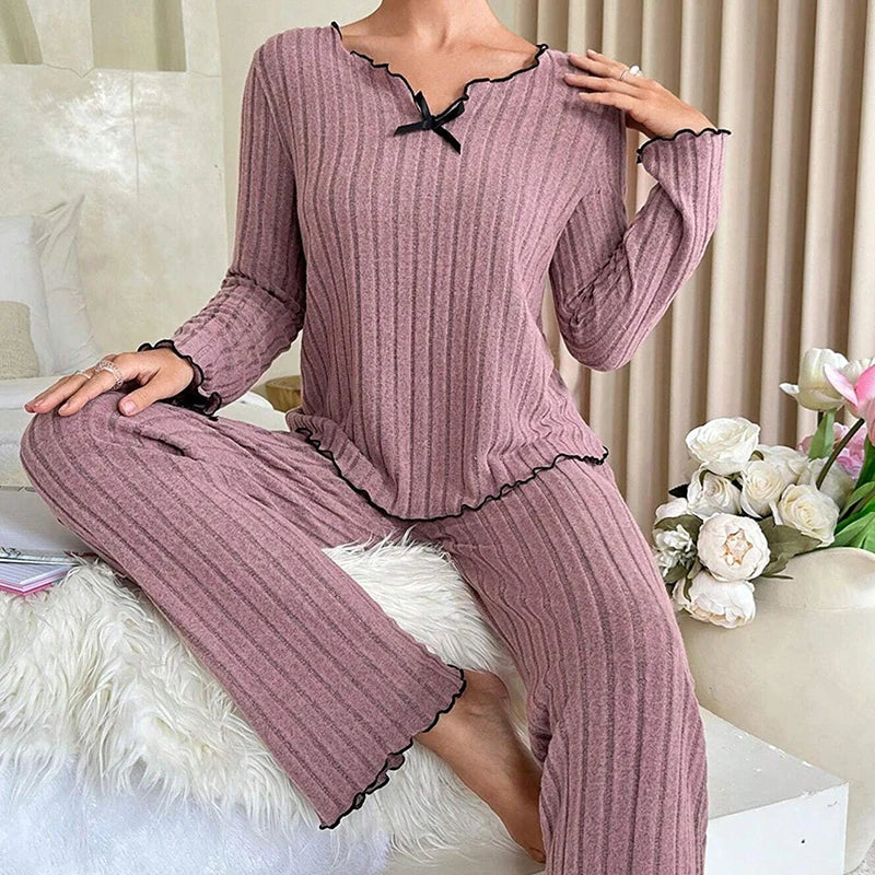 Damen-Herbst-Winter-Nachtwäsche, geripptes Pyjama-Set, langärmliges Oberteil und lange Hose, 2-teiliges Set, lässige Homewear, Loungewear