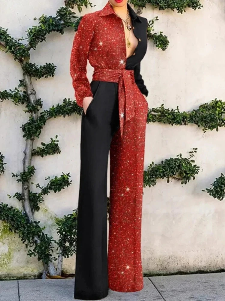 2026 Neuer Damen-Jumpsuit: Modischer V-Ausschnitt, sexy Einteiler mit weitem Bein, glänzende elegante Party-Romper, schicke Freizeit-Bodysuits für Damen