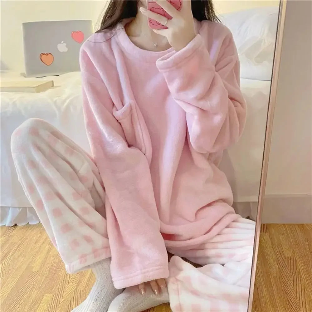 Fleece-Pyjama-Set für Damen, dick, warm, Winter-Nachtwäsche, lässig, solides Oberteil und karierte Hose, weiches Pyjama-Set für Damen, Heimanzug