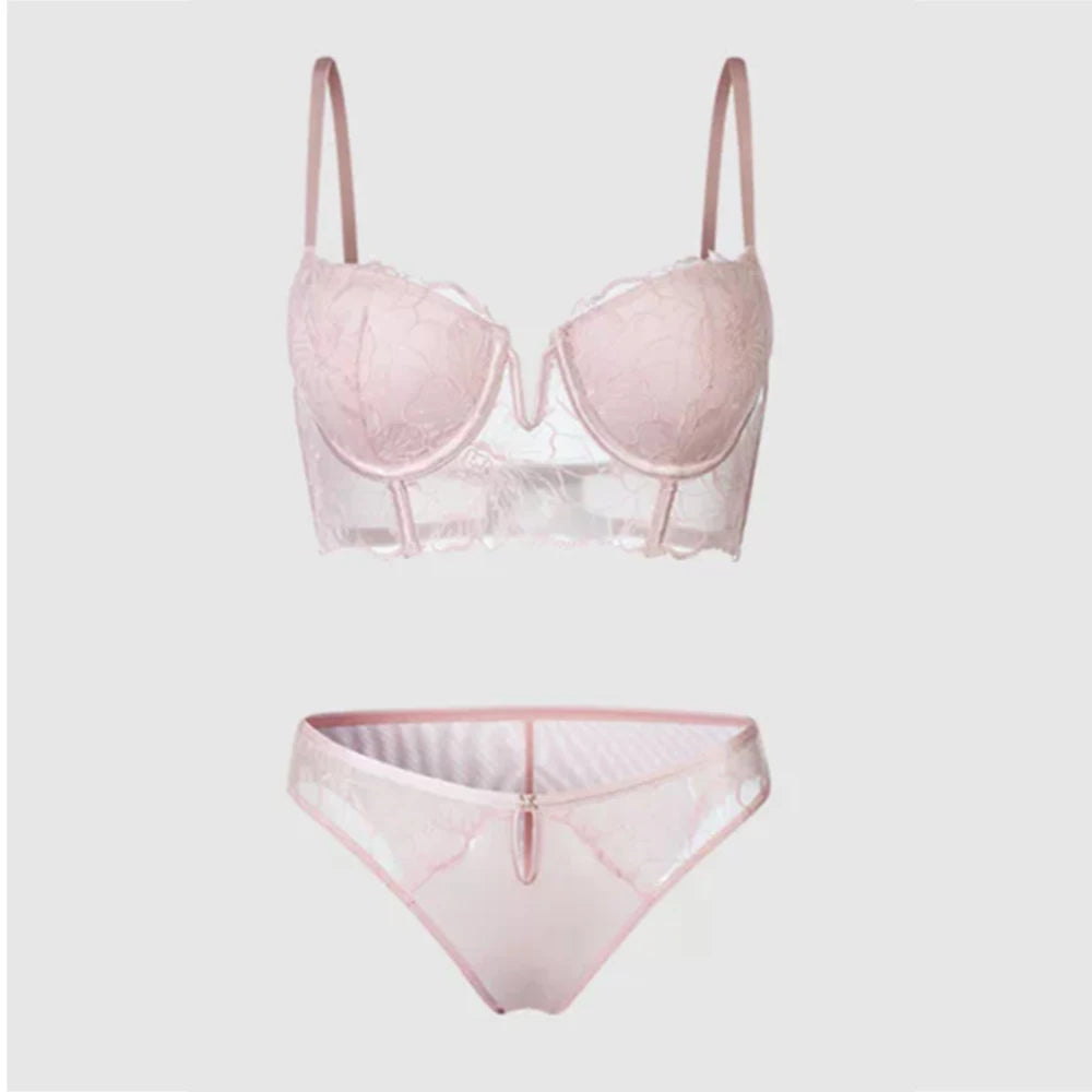 Elegantes Blumenmuster Durchsichtiges Spitzen-Lingerie-Set Damen Bügel-BH mit Langer Wirkung und Slip Hochzeitsnacht Unterwäsche