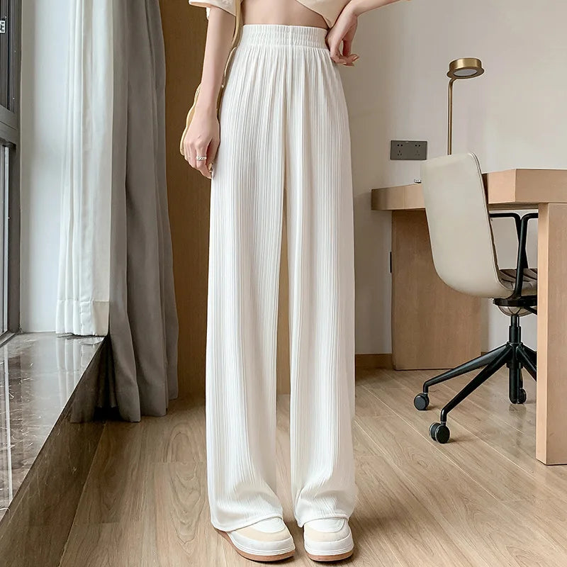 2025 Korea Dongdaemun Eis Seide Breite bein Hosen frauen Dünne Abnehmen Boden Hosen Weiß Gestreiften Hosen Y2K Mode hosen Baggy