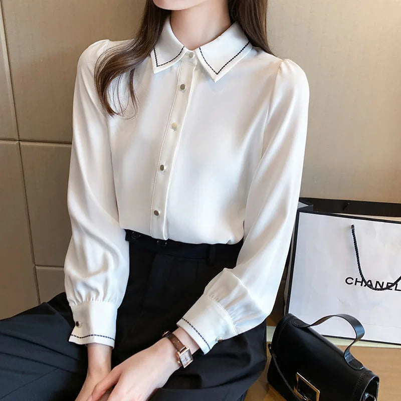 Frauen Frühling Herbst Stil Blusen Hemden Dame lässig Langarm Turn-Down-Kragen einfarbig Blusas Tops df4959