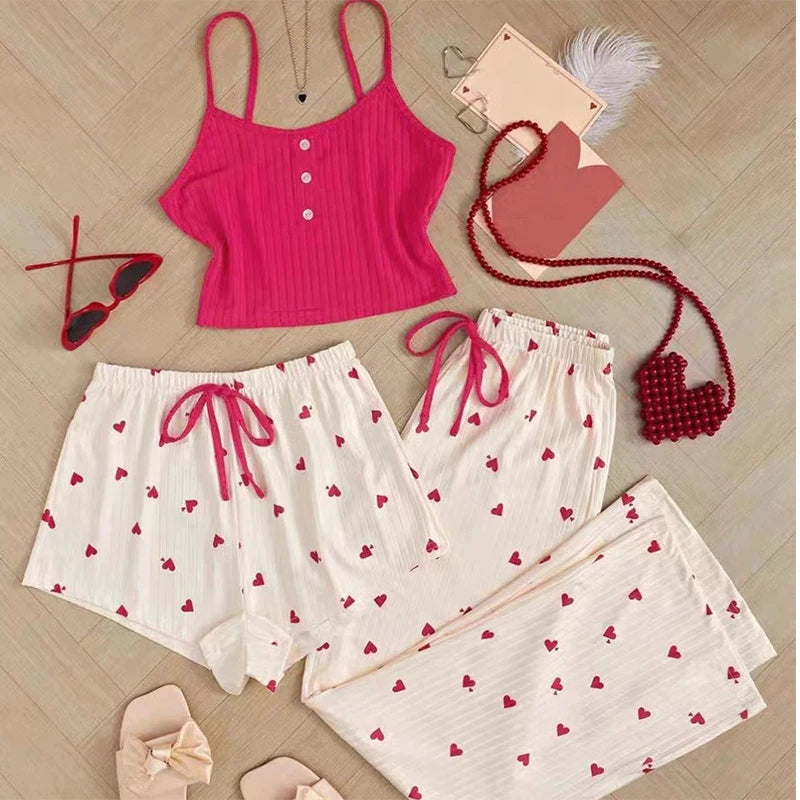 Süßes Blumen-Pyjama-Set für Damen – Camisole mit Spitzenbesatz und V-Ausschnitt + Shorts + Hose, lässige Ganzjahres-Nachtwäsche mit Blumendruck