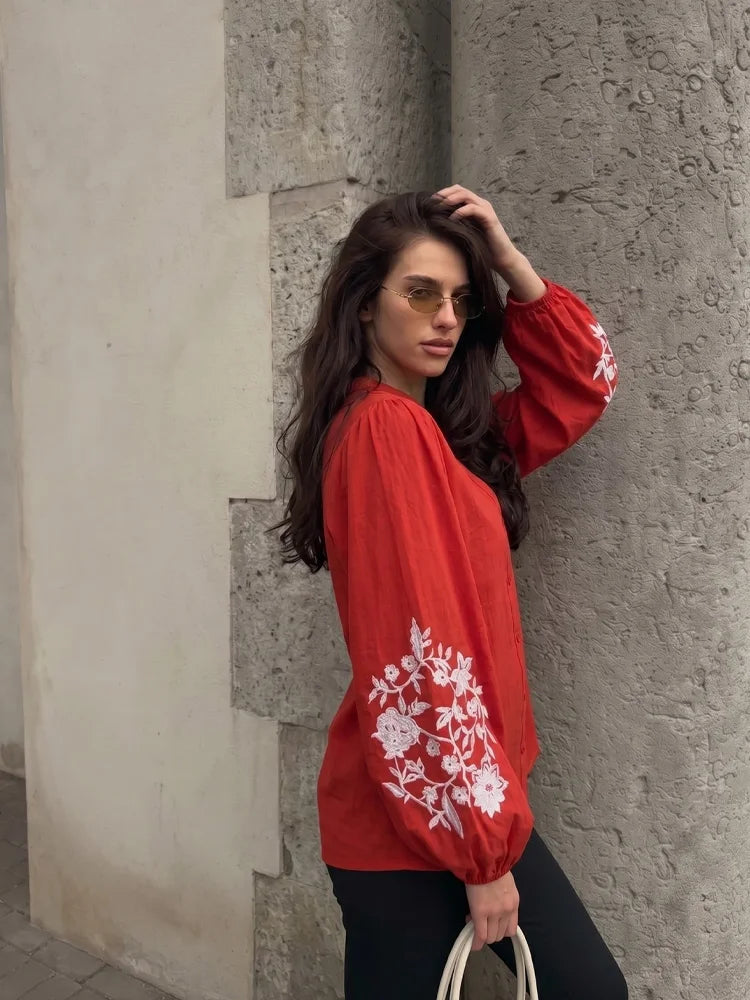 HH Damen Mode Bluse mit Blumenstickerei, Lässiger V-Ausschnitt, Langarm-Shirt, Streetwear, Rote Oberteile, Y2K-Top