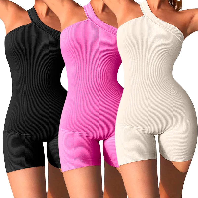 Damen-Yoga-Strampler, einteilig, Bauchkontrolle, nahtlos, gerippt, Overall, eine Schulter, einteilig, modisch, Fitness, Sportbekleidung