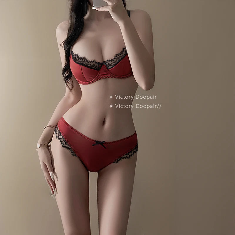 Elegantes rotes Satin-Dessous-Set für Damen, Sternzeichen-Spitze-Push-Up-BH für kleine Brust, Anti-Durchhängen, Bralette, Dopamin, Valentinstagsgeschenk, sexy