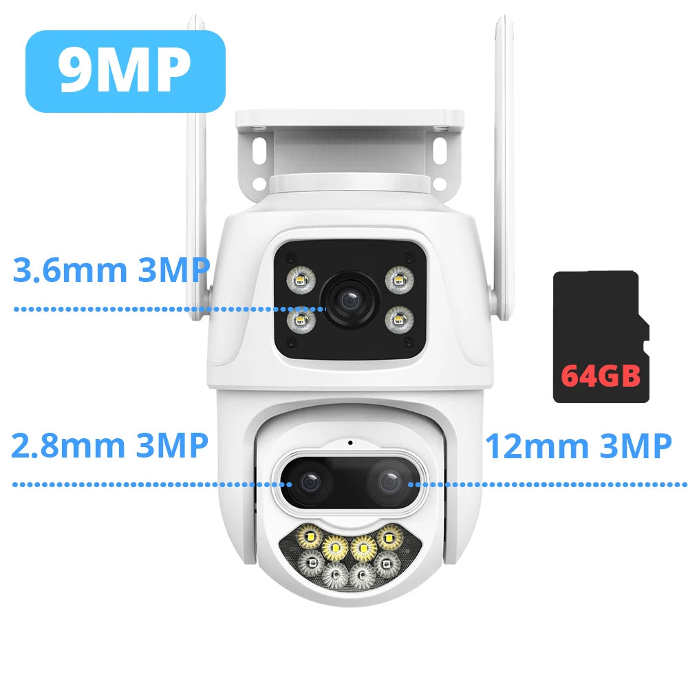9MP 6MP WLAN-Kamera IP Außen-PTZ-Sicherheitskamera mit drei Objektiven, Dual-Screen, KI-Personenerkennung, automatische Verfolgung, Überwachungskamera ICSee