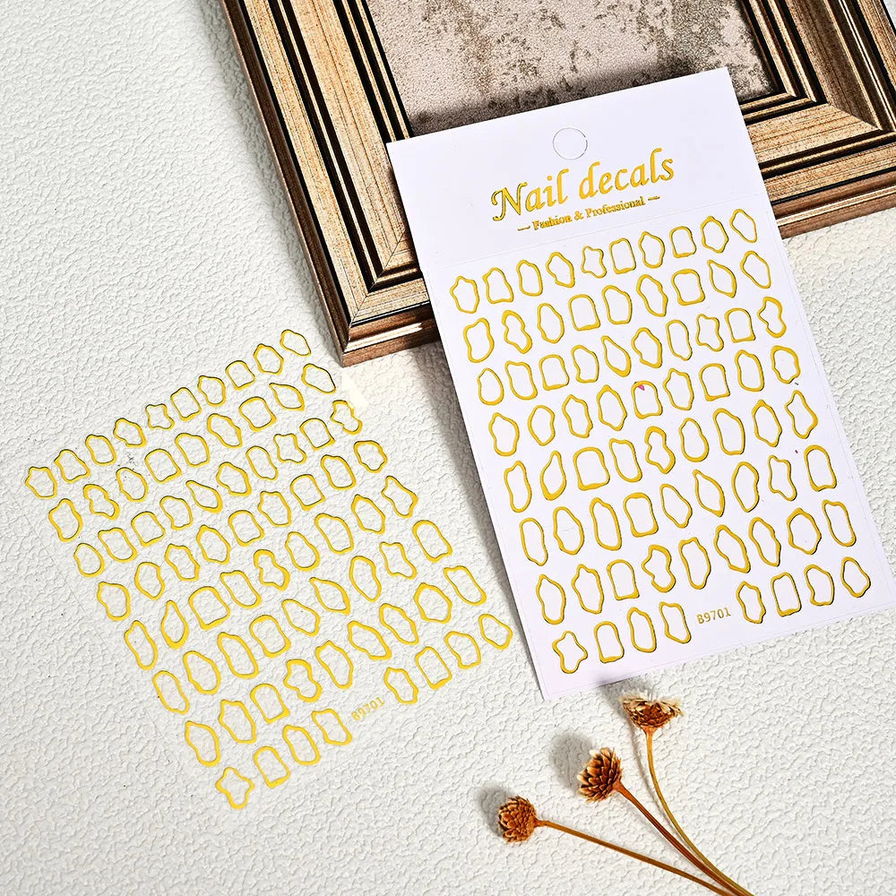 1Pc 3D Gold Hohl Unregelmäßige Geometrische Nagel Aufkleber Holo Metall Rahmen Gold/Silber Aufkleber Platz Selbst Klebe sliders Nagel Deco