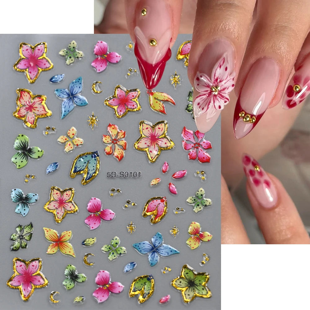 5D Relief Ombre Rosa Fünfblättrige Nagelkunst-Aufkleber Niedliche Weiche Lilien-Blumen Nagelsticker 8*10cm Selbstklebende Rosa Blumen-Nagelsliders
