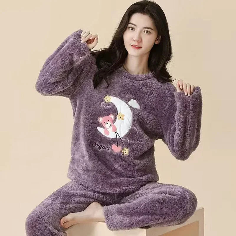 2-teiliges Set, verdicktes Langarm-Hosenset, Paar-Loungewear, Damen-Flanell, Cartoon-Bär, grau, zweiteiliges Set, Nachtwäsche, Homewear