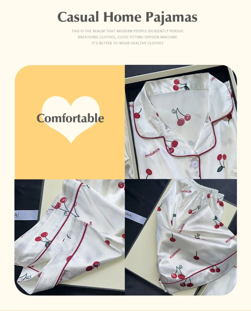 Zweiteiliges Pyjama-Set mit Kirschdruck, Sommer-Pyjama mit künstlichem Fleck, modische Heimkleidung, lässige Damen-Shorts und Top-Set, Pyjama