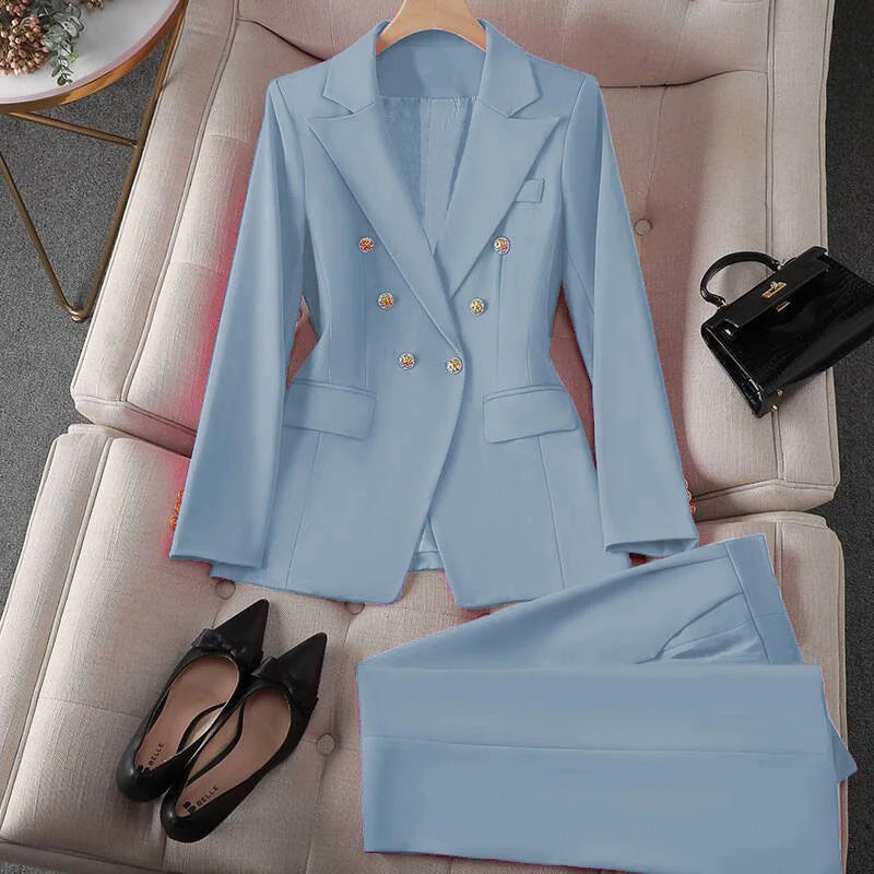 Koreanische Mode 2-Teiliges Set Umlegekragen Blazer Langarm Slim Fit Hosen Damenanzüge Büro-Damenkleidung Hosensets für Frauen