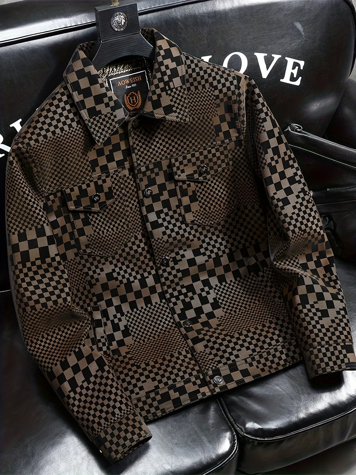 Herren Freizeitjacke mit Schachbrettmuster, Reverskragen, Langen Ärmeln und Vordertaschen - Warme Fleece-gefütterte Oberbekleidung für Herbst & Winter