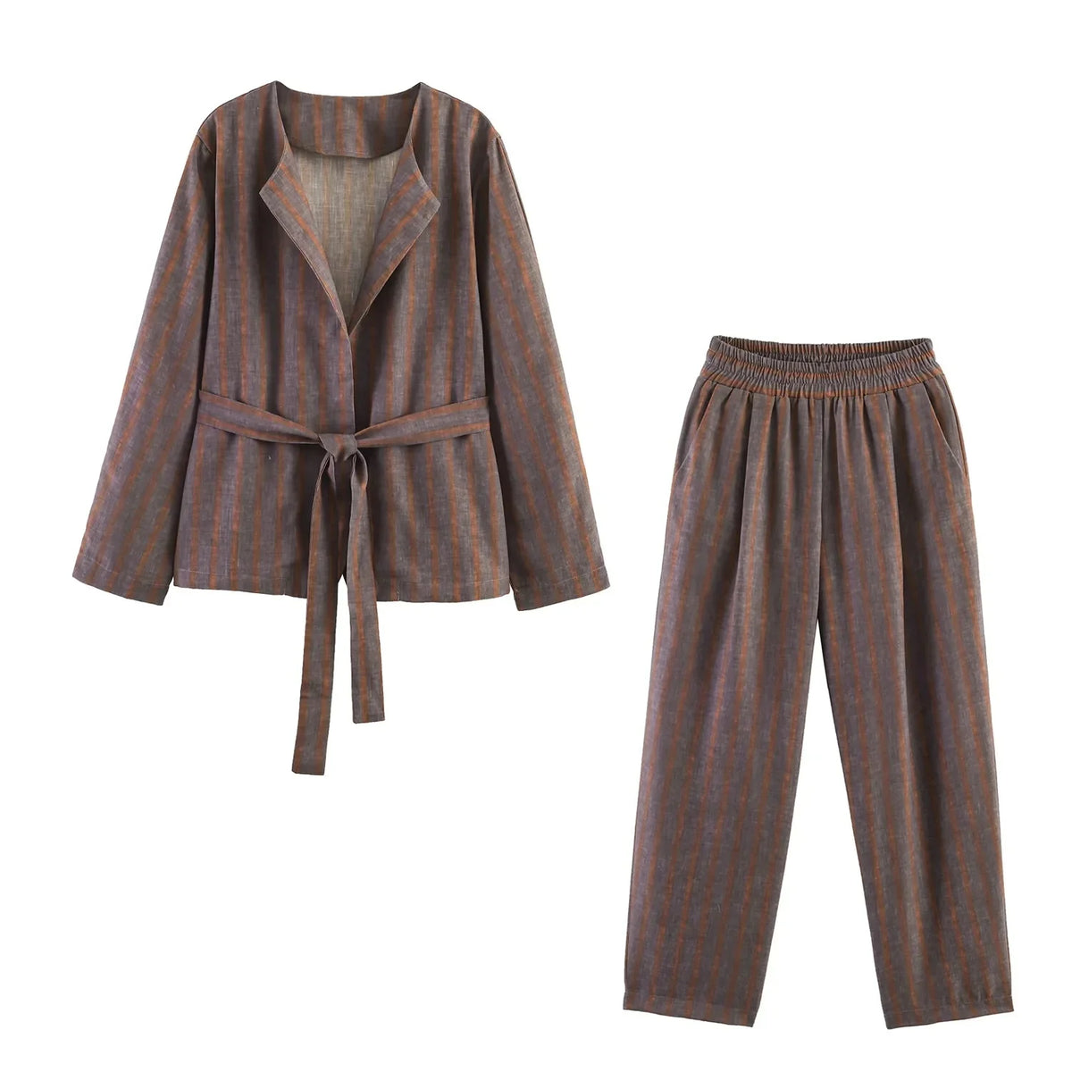 KONDALA Damen Streetwear Chic Gestreiftes Blazer-Set Gürtelblazer Elastische Taille Taschenhose Neue Mode 2026 Frühling Herbst Pendler-Set