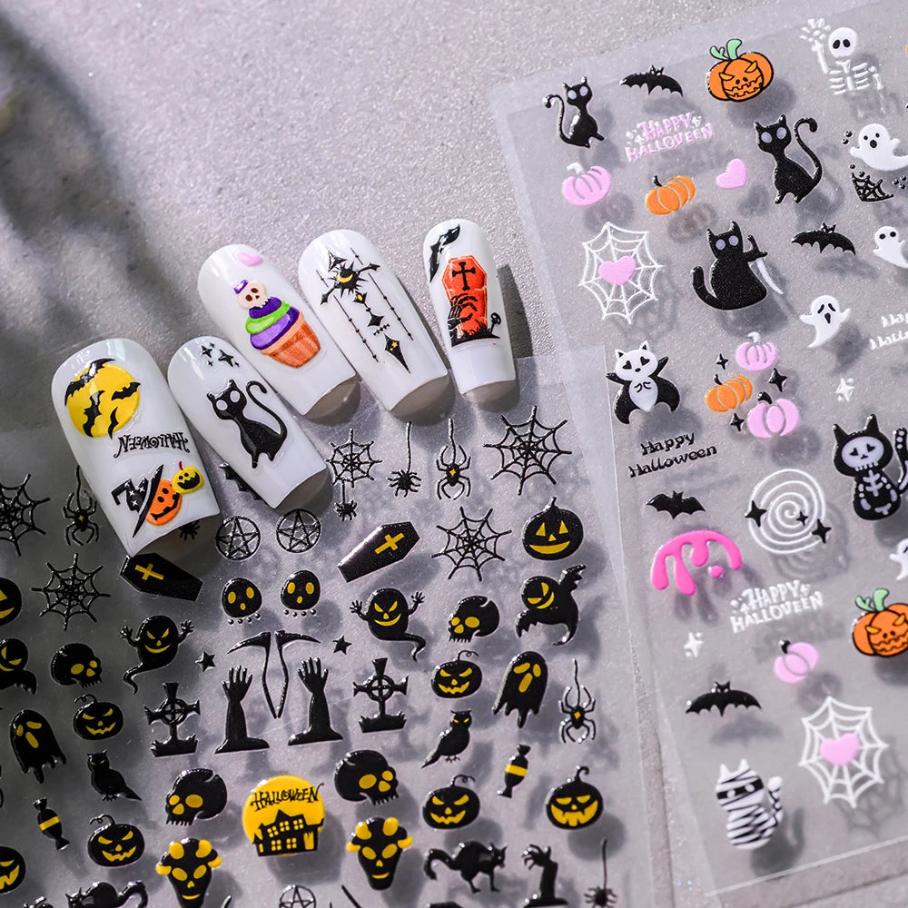 5D Halloween Geist Fledermaus Kürbis Nagel Aufkleber Glänzende Spinne Skelett Vintage Kreuz Nagel Aufkleber Halloween Gruselige Nagel Slider Decora