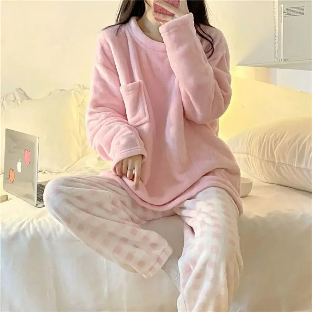 Fleece-Pyjama-Set für Damen, dick, warm, Winter-Nachtwäsche, lässig, solides Oberteil und karierte Hose, weiches Pyjama-Set für Damen, Heimanzug
