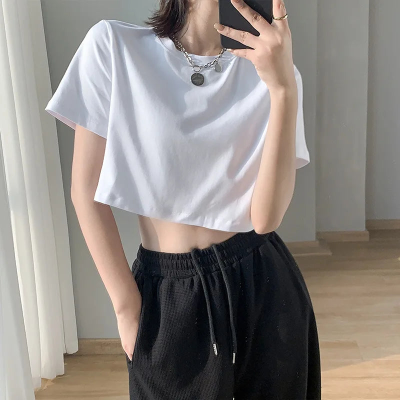 Sommer Mode frauen Kleidung Top Y2K lose Kurzarm T-shirt Sexy Einfarbig Straße Frauen Crop Top