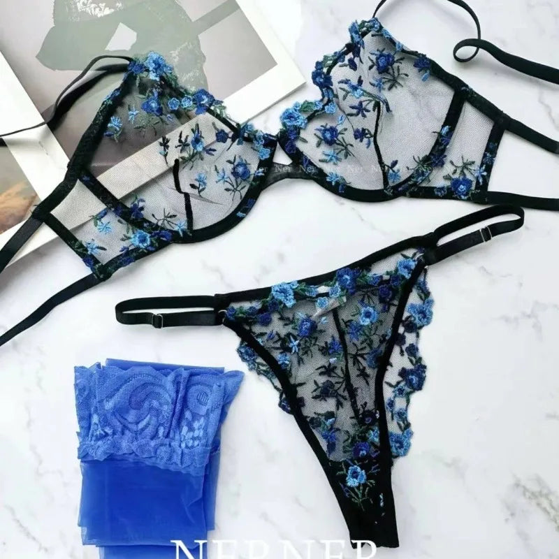 Französisches Blumen-BH-Set für Damen |   Süßes sexy transparentes Mesh-Spitze-Set, transparentes Unterwäsche-Set |   Praktisches und feminines MOYISU Sexy Höschen-Set