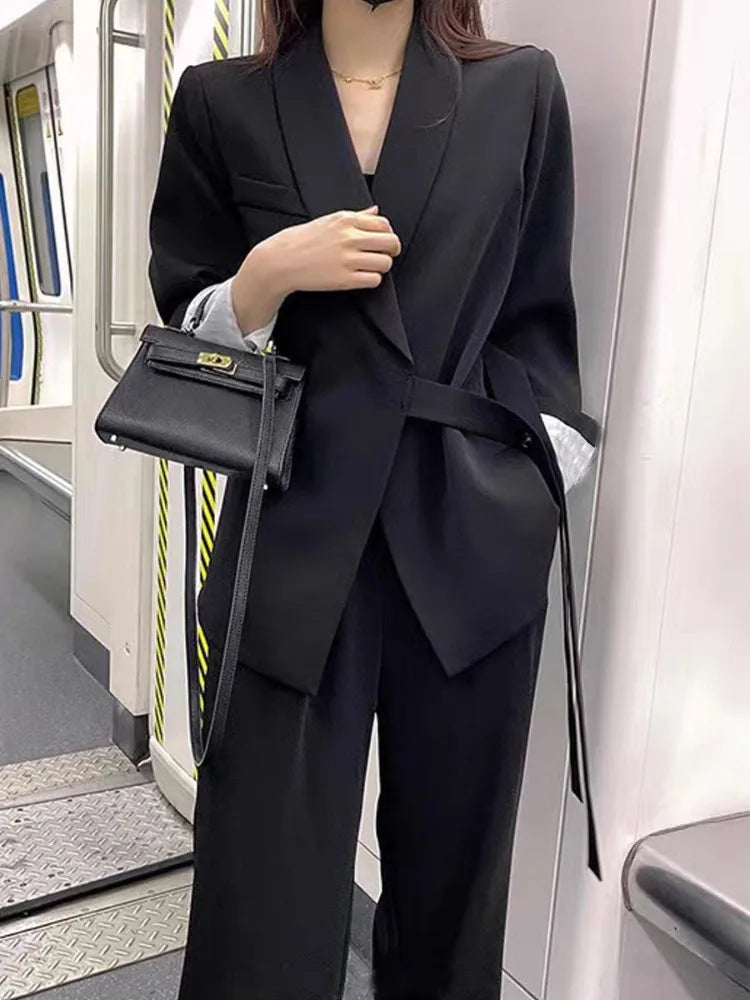 Damen Koreanische Mode Langarm-Blazer und Weite Hosen Zweiteiler Set Büro Casual Locker Sitzende Frühling Herbst Anzüge