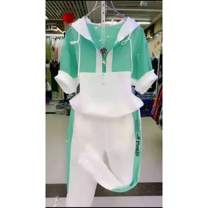 Damen 4xl Plus Size Kleidung Frühling und Herbst neue lässige Mode Anzug Kurzarm Kapuzen oberteile Hosen zweiteilige Sets für Frauen