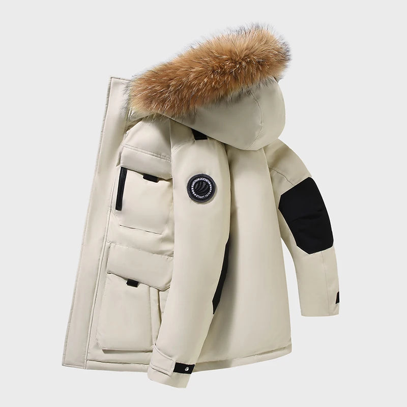 -30 Grad Daunenparkas für Herren, winddicht, mit Kapuze, verdickt, mehrere Taschen, Daunenmantel, lässig, modisch, dick, warm, besticktes Design, Parka