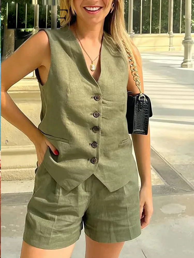 Frauen Vintage-Mode Shorts Set Casual Solide Weiß Ärmellose Weste + Taschen Hosen Weibliche Zwei Stücke Set Straße Roupa De mujer