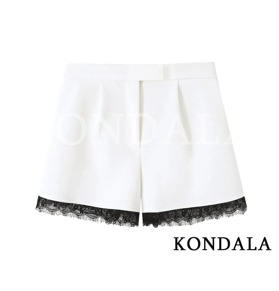 KONDALA Damen Trendiges Spitzen-Blazer-Set Schwarzer Kurzblazer mit Revers und Taschen Shorts Neue Mode 2026 Frühling Sommer Party Büro Damen-Set