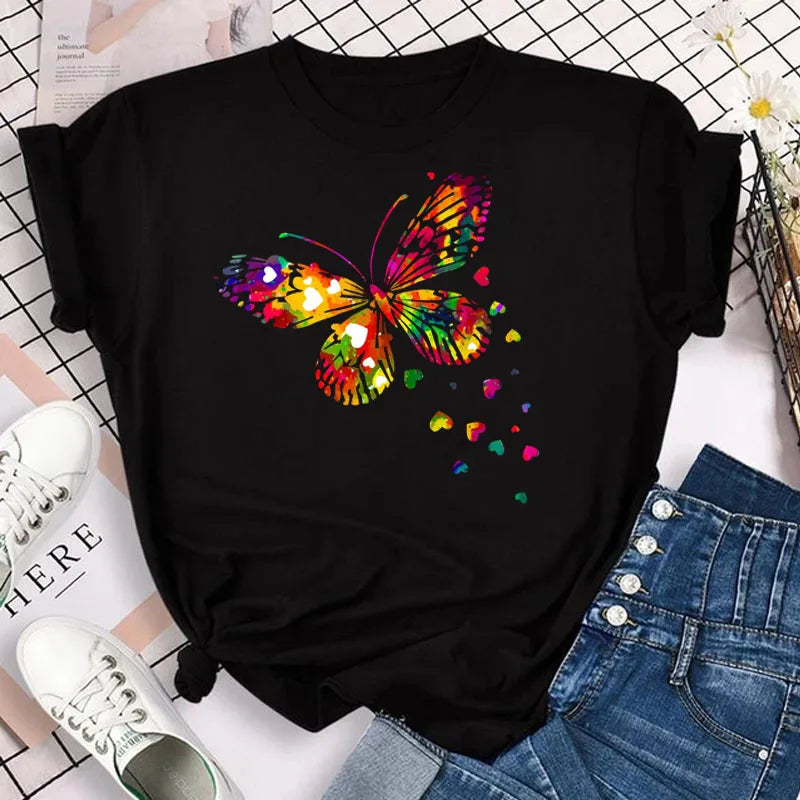 Neue blaue Schmetterling Blumen gedruckt T-Shirt Frauen Sommer lässig Kurzarm O-Ausschnitt Tops 90er Jahre Mode Grafik weibliche Tops T-Shirts