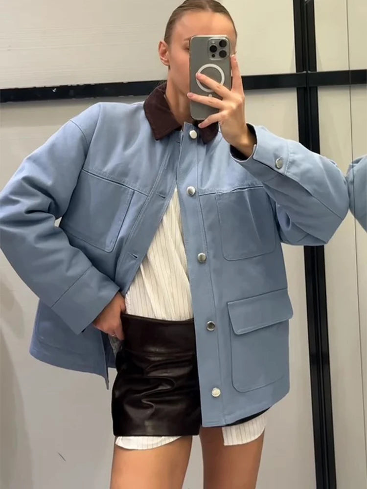 Lässige Blaue Jacke mit Mehreren Aufgesetzten Taschen für Damen, Cordkragen, Einreihiger Mantel, Schicker Street-Style, Frühlingsjacke