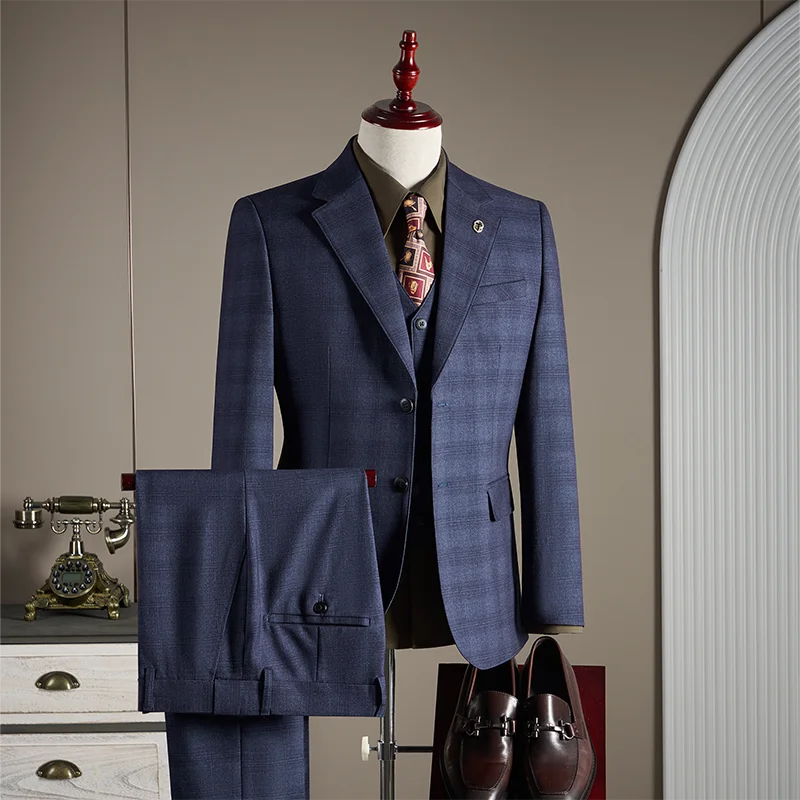 Hochwertiges, Modisches und Stilvolles Hochzeits-Casual-Karo-Anzug-Set, Herren Business-Casual-Anzug Dreiteiliges Set