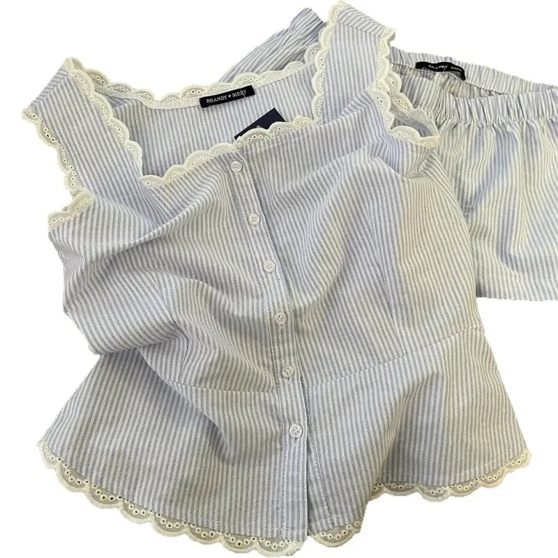 Gestreifte Frauen Pyjamas Sommer Nachtwäsche Ärmellose Shorts Sets 2 Stück Spitze Nacht Trägt Tank Koreanische Schlafen Hause Anzug 2025 Neue