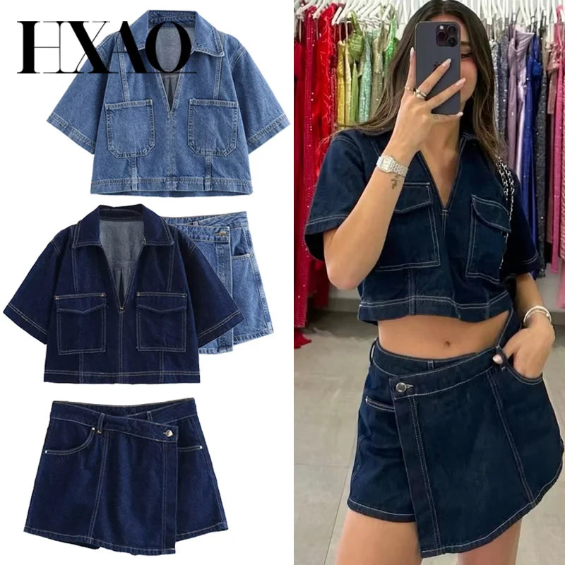 HXAO Asymmetrischer Jeansrock, kurze Sets, zweiteiliges Set für Damen, Sommer-Outfits, bauchfreies Jeanshemd, Anzug, Mini-Culottes-Set mit hoher Taille