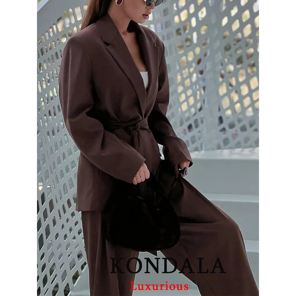 KONDALA Büro Dame Casual Chic Solide Frauen Anzug Single Button Schärpen Lose Blazer Zipper Hosen Mode 2025, Herbst Winter Sets
