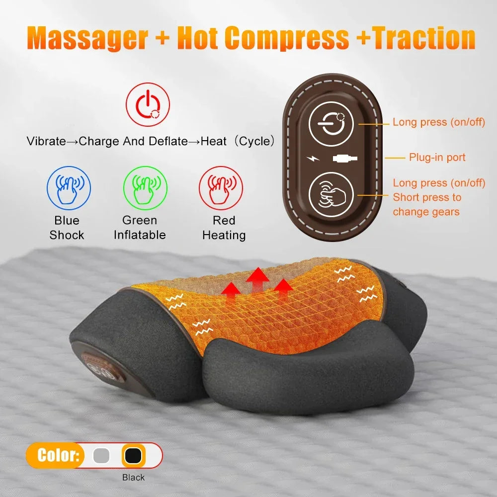 Elektrisches Nackenmassagegerät, Nackenkissen, heiße Kompresse, Nackenstretch, Heizung, Vibration, Nacken- und Schultermassagekissen, Rückentraktion