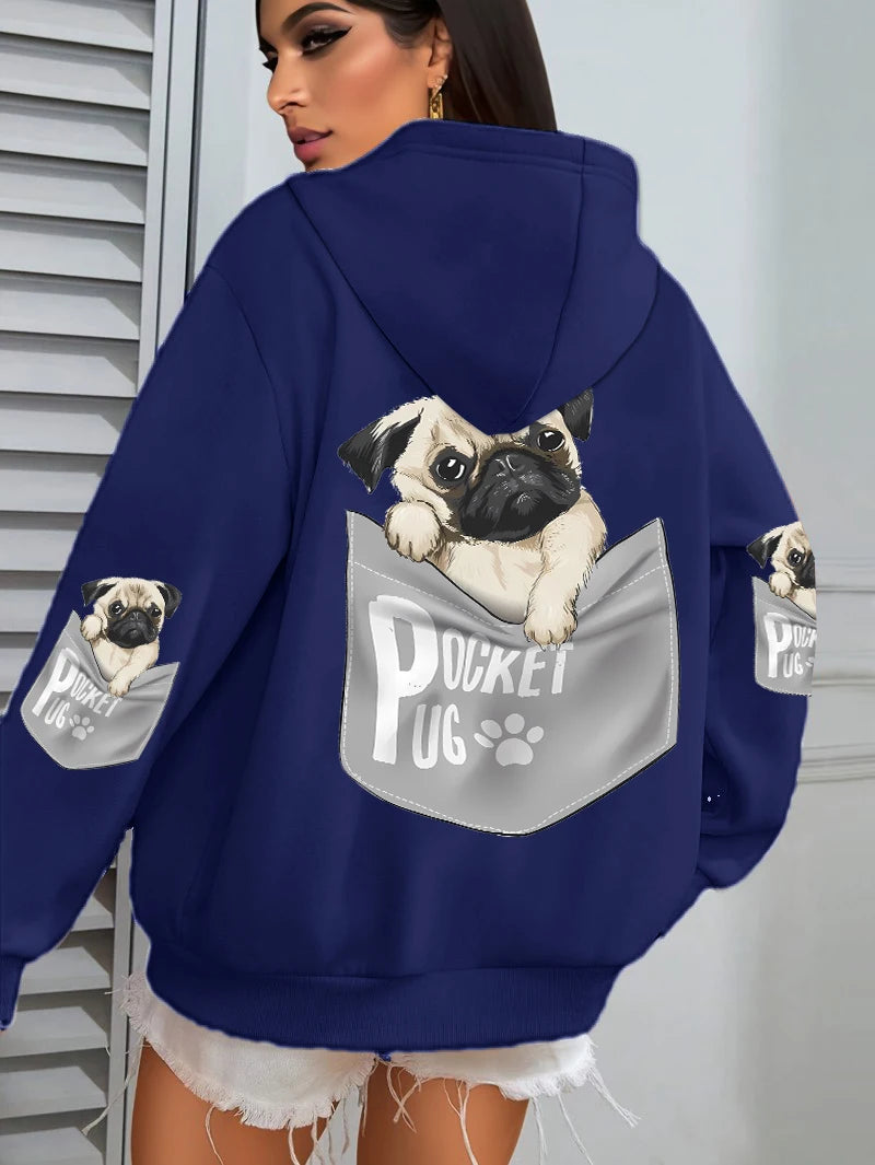Tasche Mops Hoodies Frauen Cartoons hund Drucke Mit Kapuze Lose Taschen Sweatshirts Winter Fleece Warme Tops Straße Schwarz Frau Kleidung