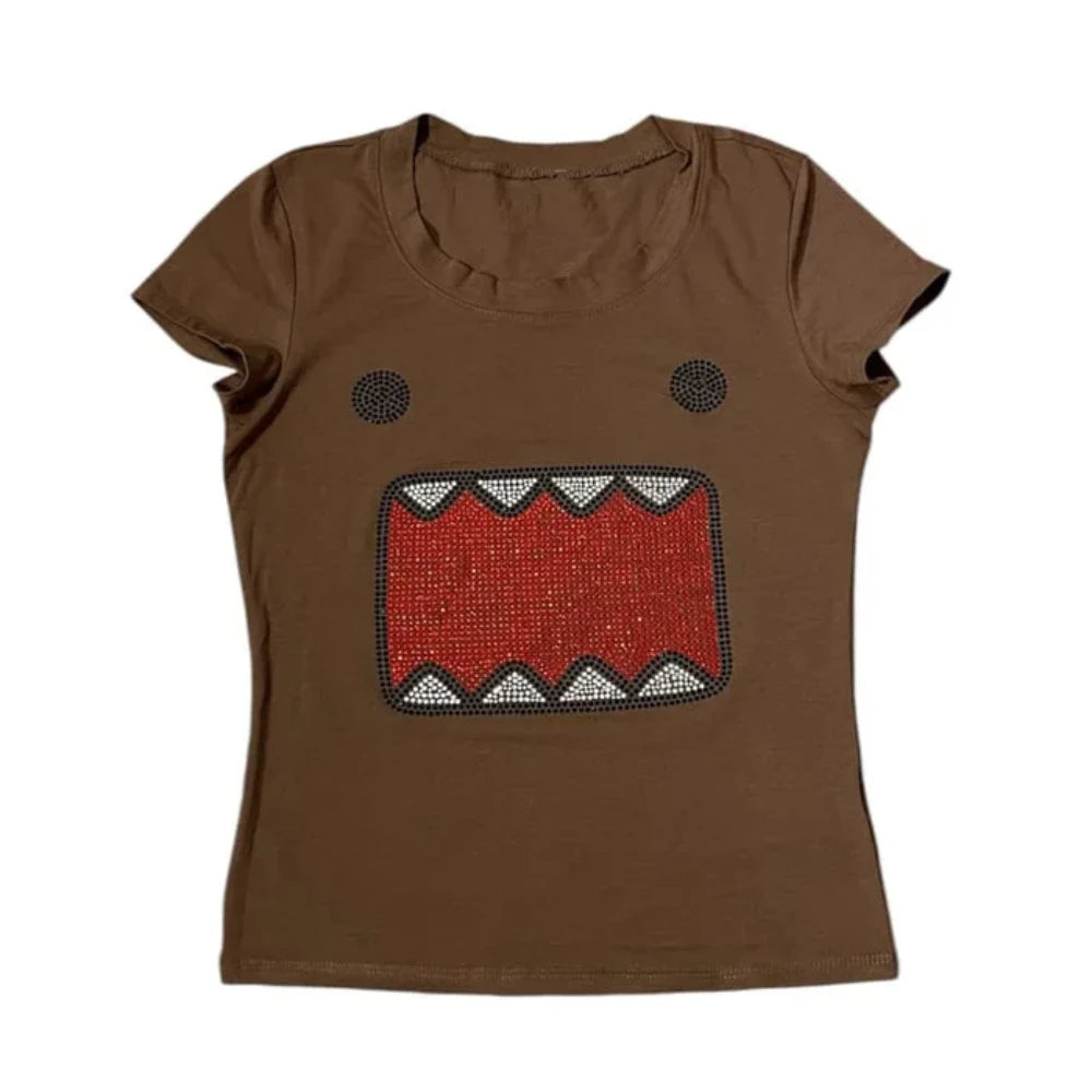 Casual Streetwear Kawaii Domo Kun Strass Cartoon 2000er Qualität Rundhals Kurze Ärmel Einfache Tägliche Routine Fit T Shirt Top
