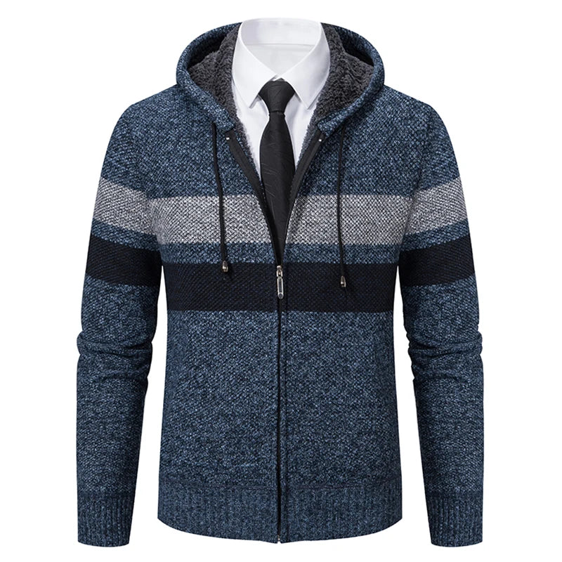 Mann Pullover Strickjacke Streifen Zipper Stricken Jacke Fleece Warme Mit Kapuze Pullover Mantel männer Straße Casual Männliche Jacke Mantel Jumper