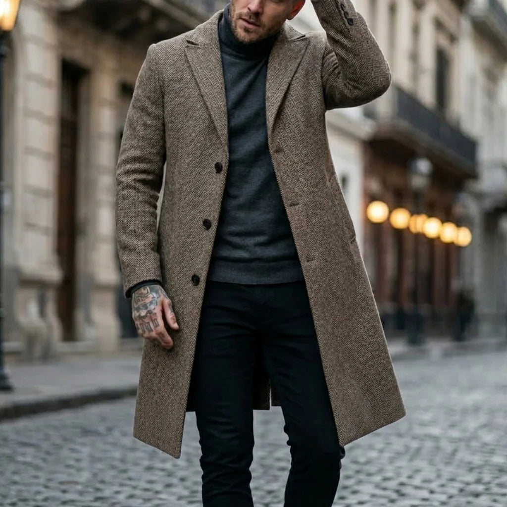 Herbst/Winter Herren Gestreifter Mantel Street Casual Jacke Lange Jacke Klassisches Muster Windjacke Warme Outdoor-Büro-Herrenbekleidung