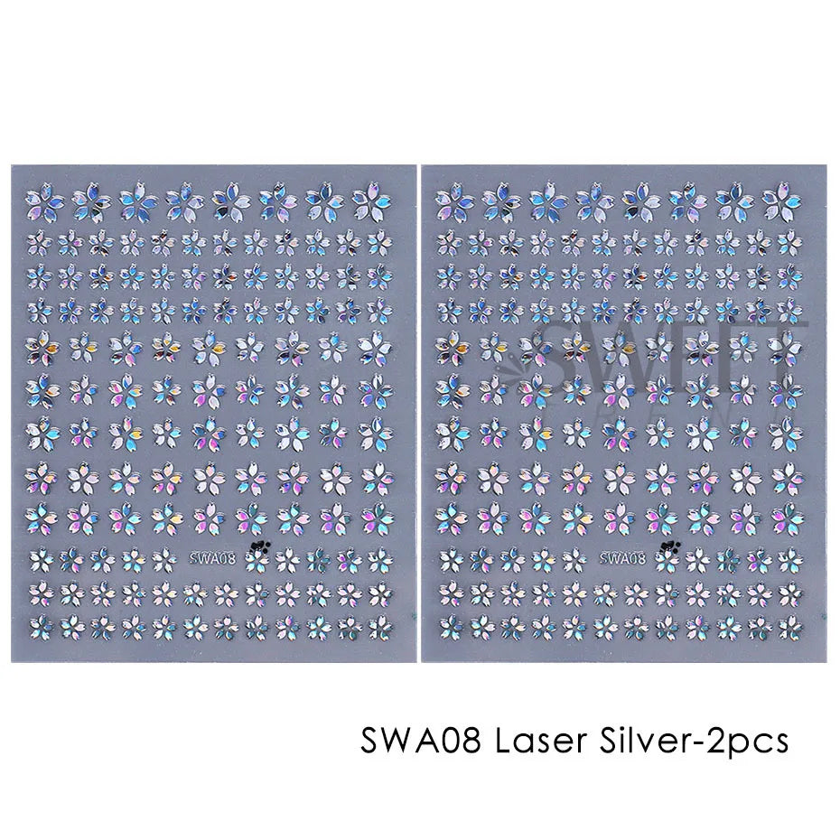2/3 Stück holografische Sakura-Blumen-Nagelaufkleber, Kirschblütenblatt-Design, Silber, Gold, Blumenmuster, Sommer-Klebeaufkleber, Maniküre-Spitze