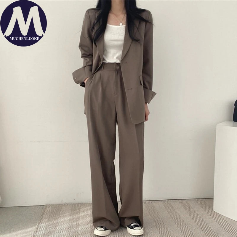 Koreanisches Damenmode-Zweiteiler-Set, Langarm-Blazer und weit geschnittene Hose, Büro, Freizeit, lockerer Schnitt, Frühling, Herbst, neuer Stil