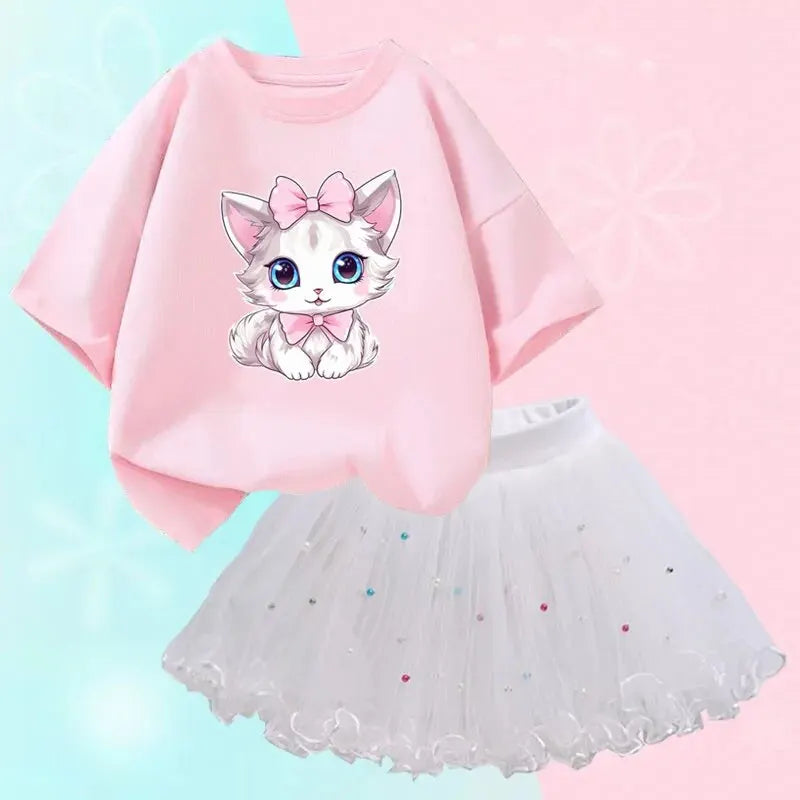Nette Sommer Mädchen Outfits Cartoon Katze T-shirt und Tutu Rock 2 teil/satz Mädchen Prinzessin Kleidung Anzug Kinder Geburtstag Kleidung